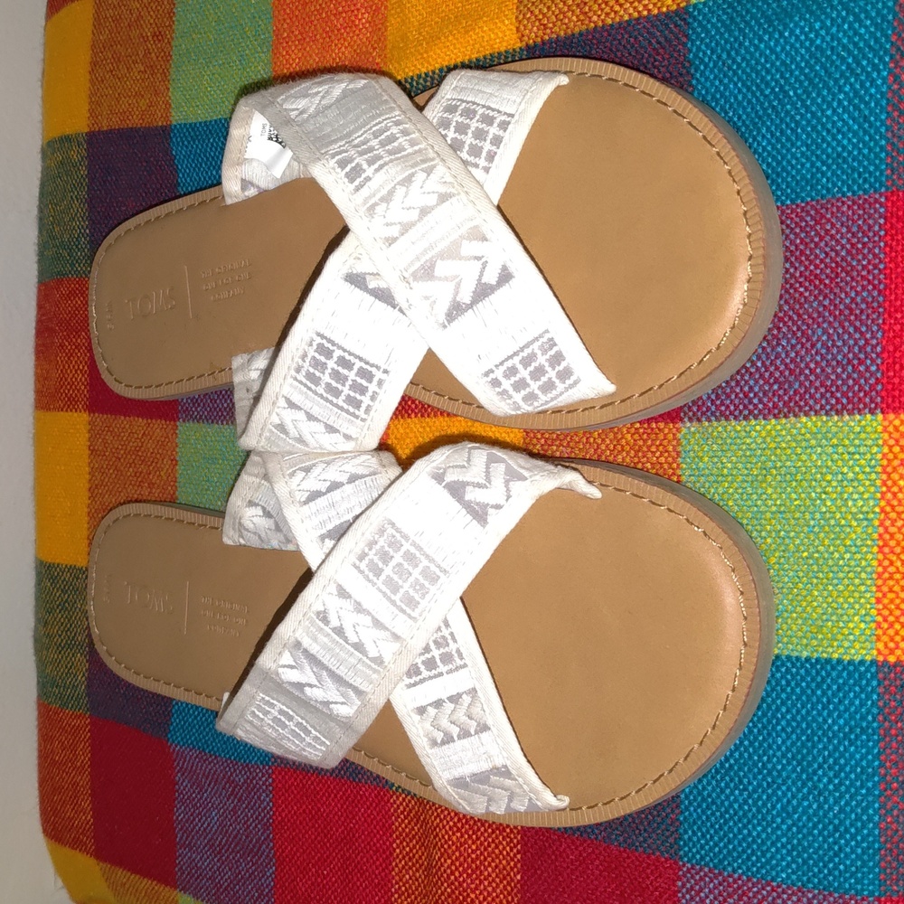 TOMS Viv Crisscross Slide Sandals In Natural Arrow Mesh Fabric Size 9.5